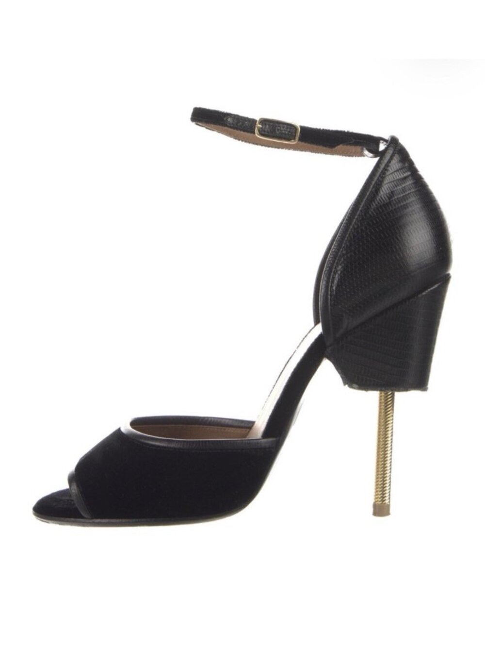 Givenchy Authentic Black Velvet Leather Peep Toe Ankle Strap Gold Heel Sandals 7